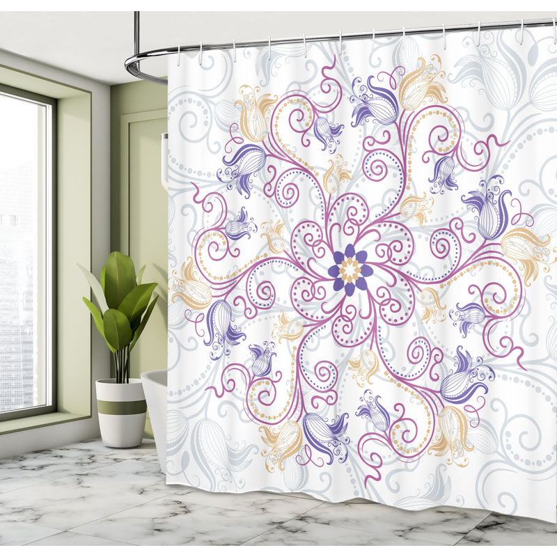 Ensemble de rideau de douche et crochets mandala, H 70 po x l 69 po, Fuchsia ivoire