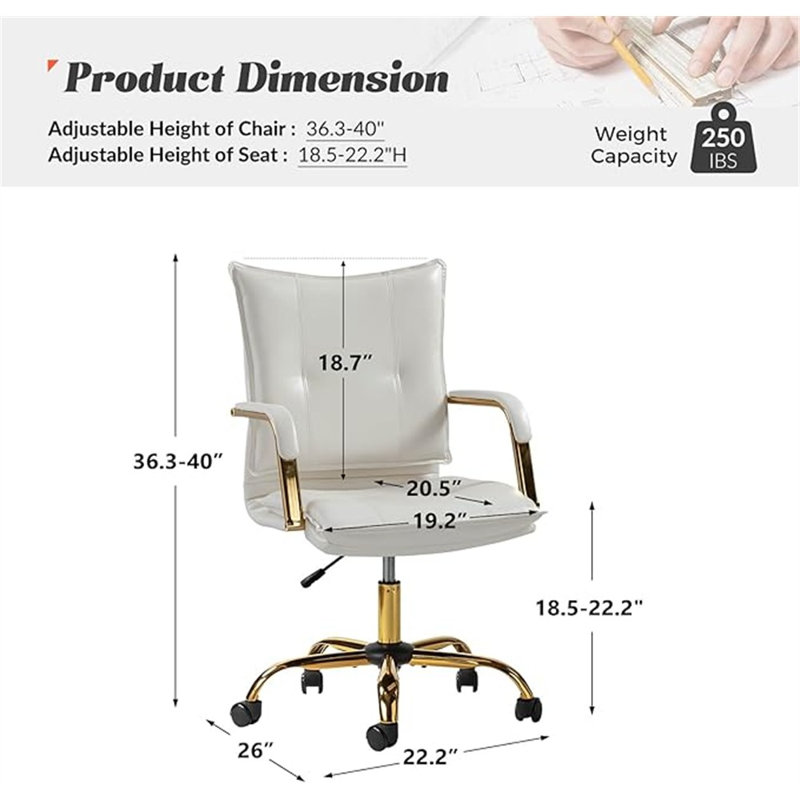 Fauteuil de bureau HULALA Home, Blanc, Gold
