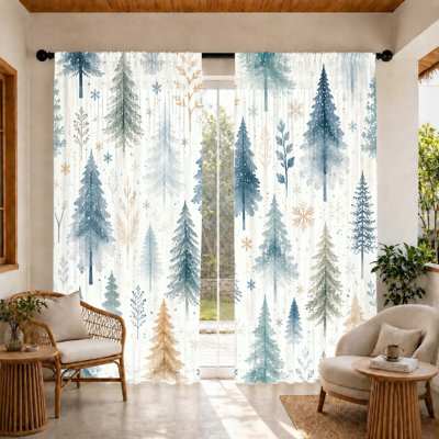 2Pcs Winter Forest Curtains, Light Filtering Fabric, Watercolor Pine Tree and Snowflake Print, Rod Pocket Design, for Living Room Bedroom Balcony Kitchen Home Decor