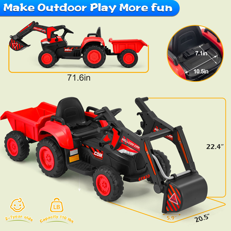Erommy Red 12V Ride-On Excavator with Trailer and Remote Control