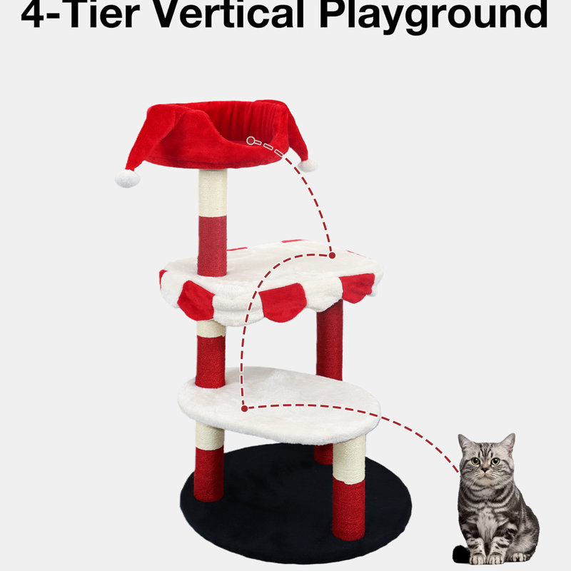 Arbre à chat à plusieurs niveaux avec perchoir douillet et poteaux à griffer. Esthétique rouge et blanche, 3 plateformes douces pour que les chatons puissent grimper, des poteaux enveloppés, du jute pour animaux de compagnie, une base stable. Aire de jeu,