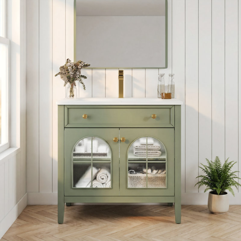 Meuble-lavabo autoportant 35,6 po Mid-Century avec lavabo en verre à motif, bande lumineuse à capteur de mouvement et armoire de rangement