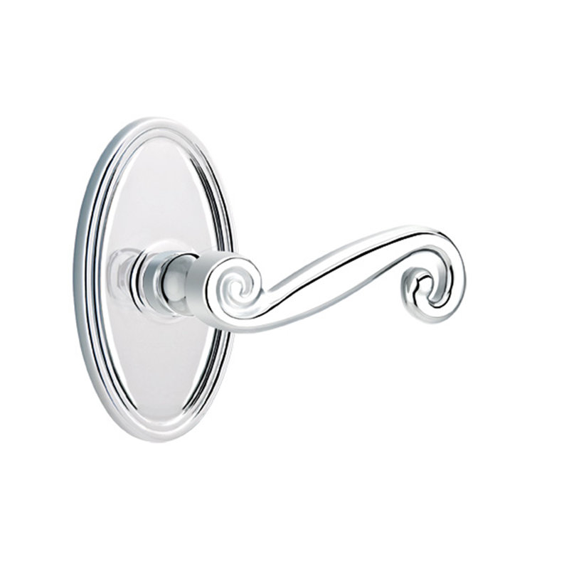 Scroll Privacy (Bed & Bath) Door Lever with Oval Rosette, Right, Bright Chrome