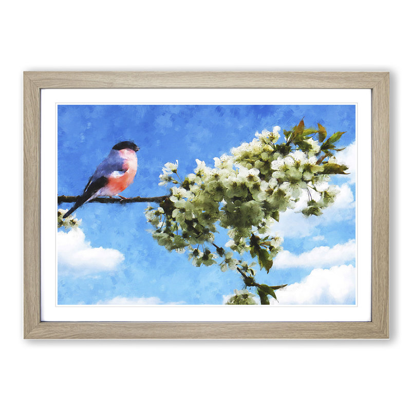 Bullfinch Bird on a Tree - Picture Frame Painting, Oak Framed, 36cm H x 48cm W x 2cm D