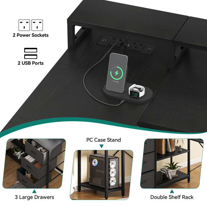 L-Shaped Computer Desk With 4 Drawers, Gaming Desk With Power Outlet And Monitor Stand, Corner Desk, Black