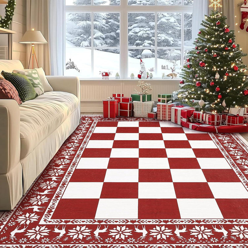 8x10 Checkered Christmas Area Rug, Washable Non Slip Low Pile Rug for Dining Room, Red, Red, Rectangle 8' x 10'