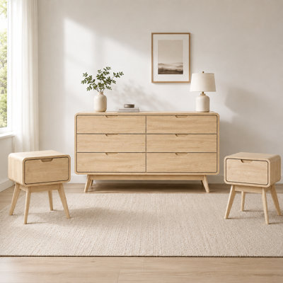 Ensemble de chambre à coucher moderne 3 pièces avec commode à 6 tiroirs et 2 tables de chevet à 1 tiroir