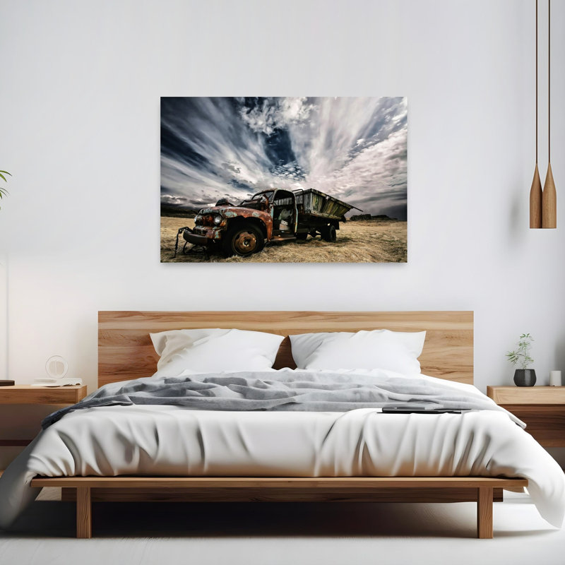 Camion rouillé sous le ciel, paysage rustique classique et dramatique, affiche murale nature, 40" H x 60" W