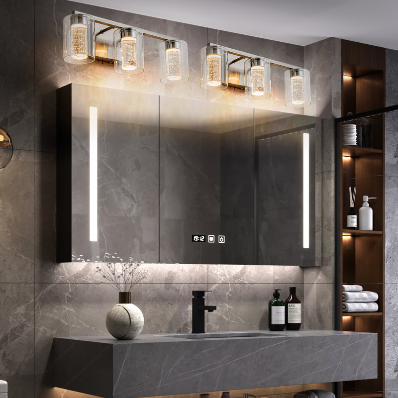 Éclairage pour salle de bain 3 lumières en nickel brossé avec 3 modes de couleur et abat-jour en verre transparent, 3