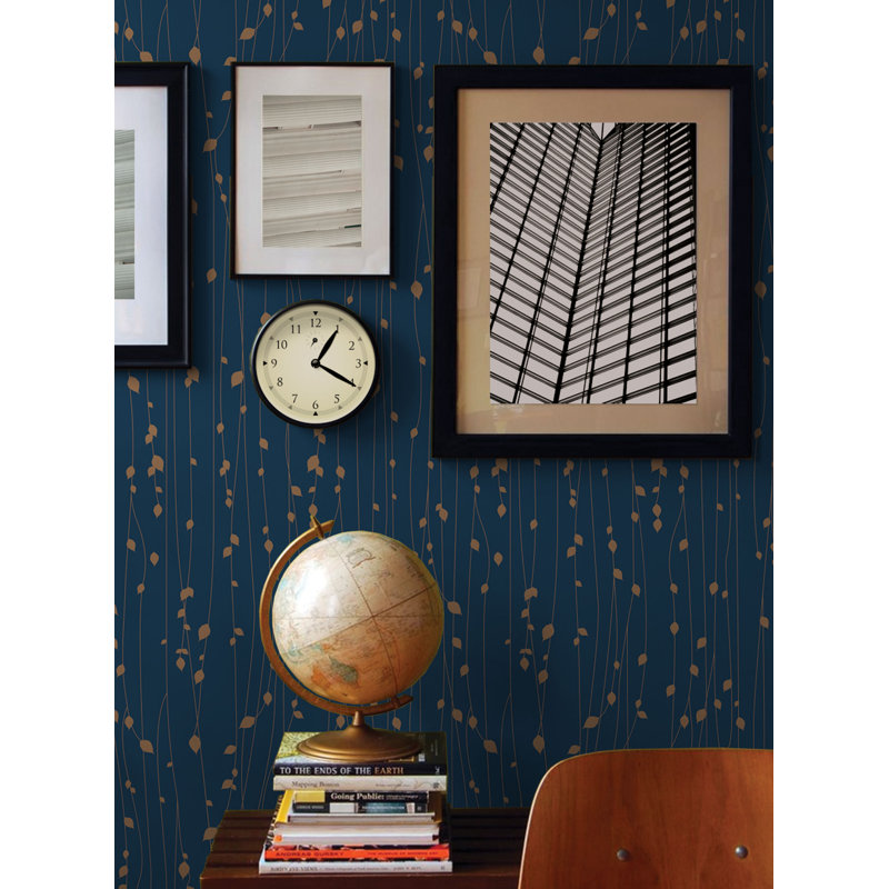 Panneau de papier peint à motif de feuilles Ulrey, Bleu marine, L 2 pi x H 18 pi