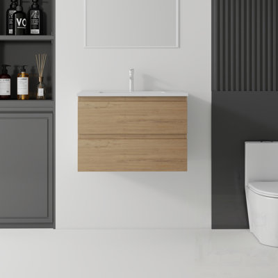 Meuble-lavabo flottant avec lavabo, tiroir à fermeture en douceur, lavabo en céramique, contreplaqué