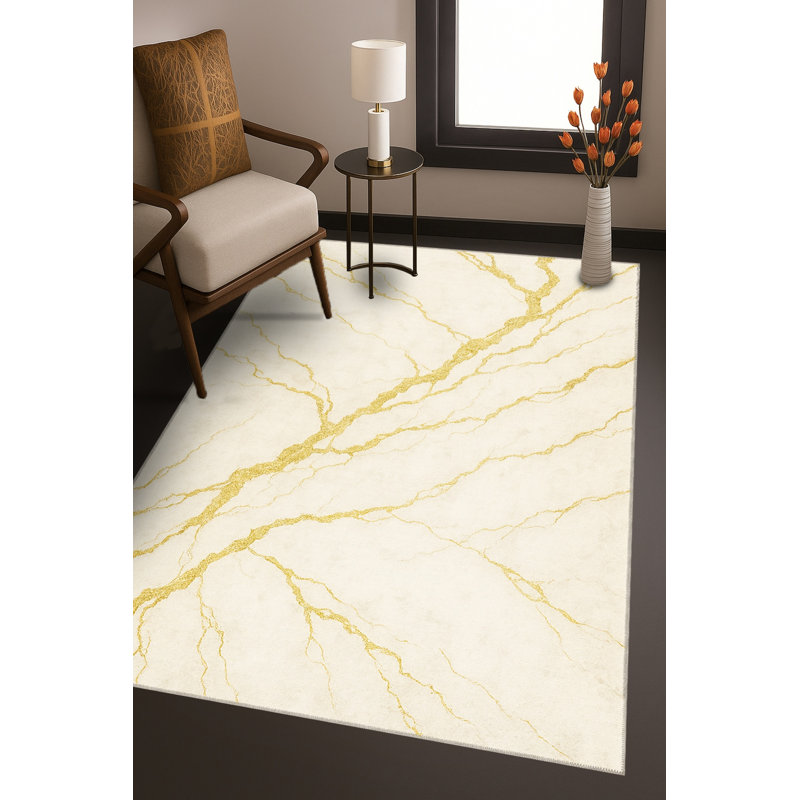 Tapis jaune tissé à motif abstrait lavable Mosso, 3'3" x 9'10"