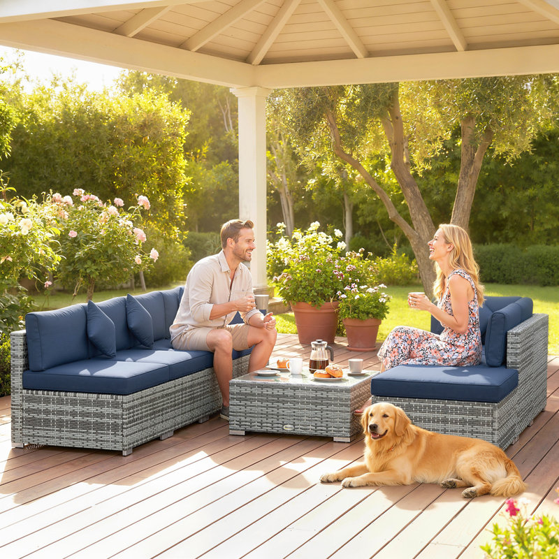 Outsunny 8 Pieces PE Rattan Corner Sofa Set Garden Furniture Set Dark Blue