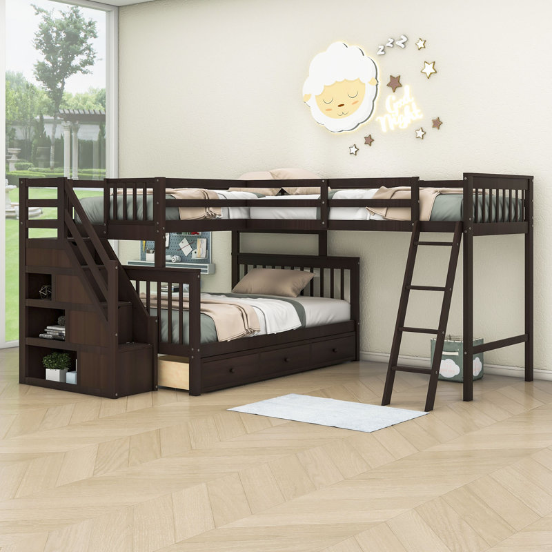 Idasia Kids Twin Over Full & Twin 3 Drawers Wooden L-Shaped Bunk Beds with Shelves, Espresso