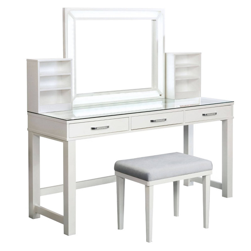Jexo 3Pc White Vanity Table Set With LED Mirror, 3 Drawer, Gray Stool, Gray/Luminous White