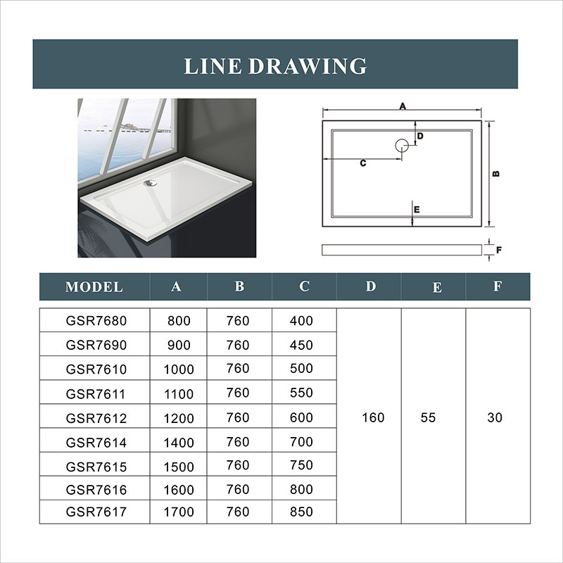 Clairville Stone Shower Tray White, 30mm H x 1100mm W x 760mm D