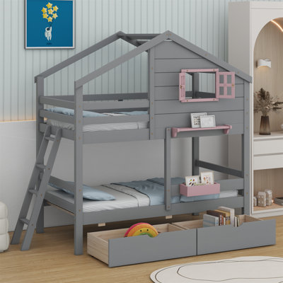 Lit superposé avec 2 tiroirs, 1 boîte de rangement, 1 tablette, fenêtre et toit