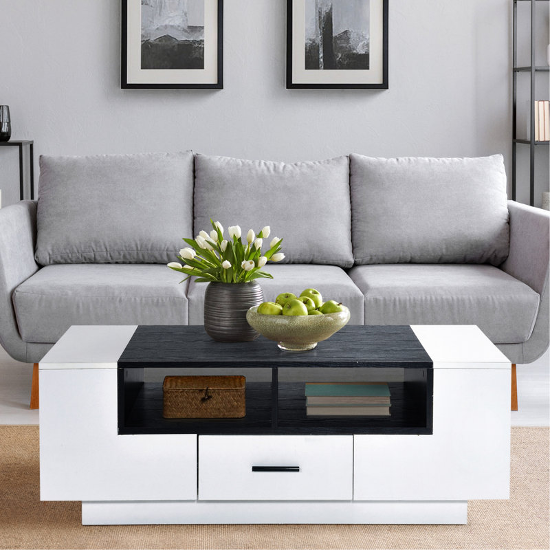 Table rectangulaire blanche et noire: rangement avec étagère à café contemporaine