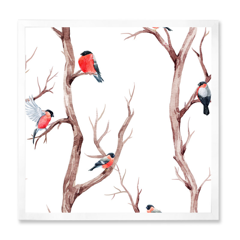 Petits oiseaux sur les branches de l'arbre III - peinture sur toile, H 30 po x l 30 po x P 1 po, Cadre blanc
