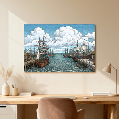 Historic Harbor With Sailing Ships And Clouds