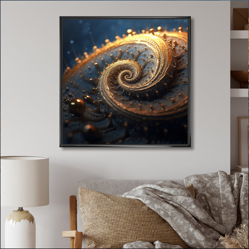 Spirale fougère recouverte de gouttes de rosée sur toile, H 36 po x l 36 po, Cadre flottant noir