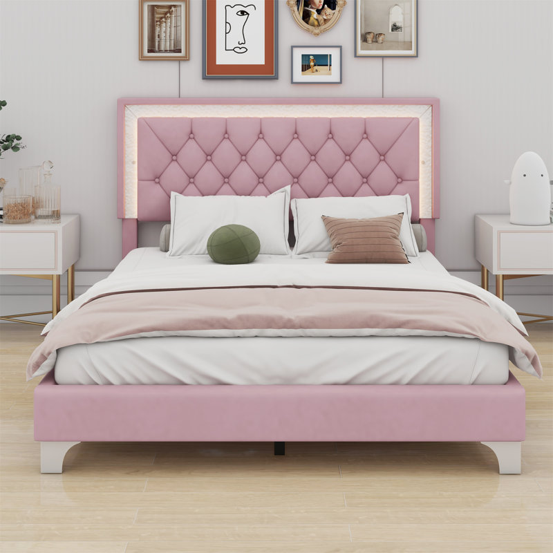 Structure de lit tapissier avec lumières DEL, lit plateforme moderne avec tête de lit capitonnée, Rose