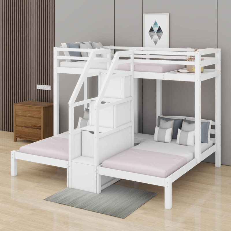 Twin Over Twin & Twin Bunk Bed With Staircase And Drawer, White