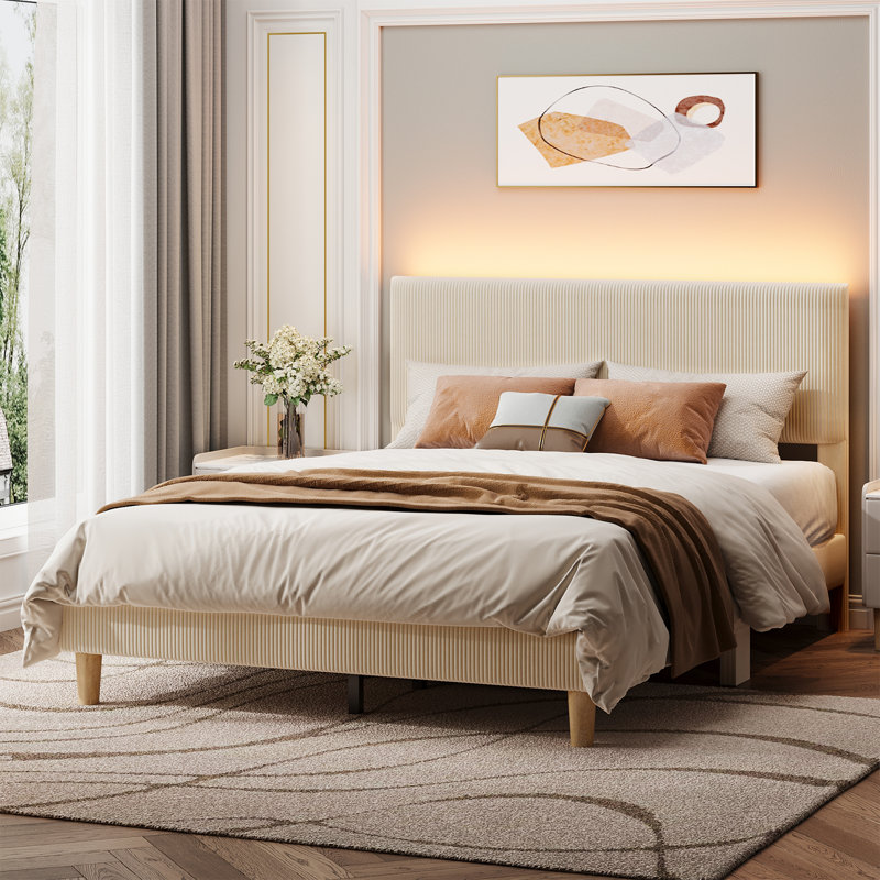 Corduroy Upholstered Platform Bed with Channel-Tufted Headboard, Modern Queen Bed Frame with Soft Padded Edges and Ambient LED