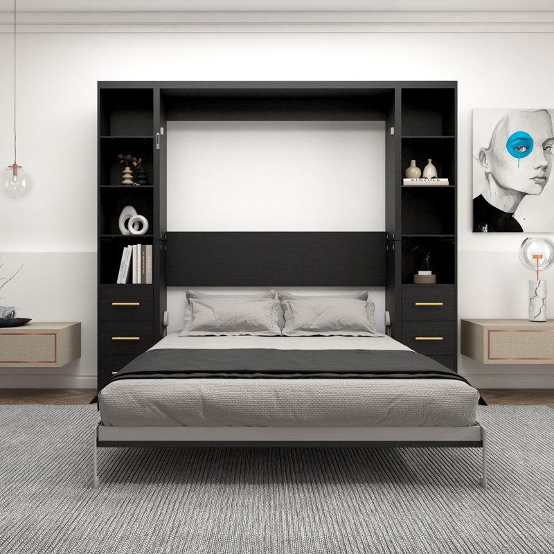 Lit escamotable noir pleine grandeur avec tablettes de rangement et lit mural multifonctionnel pliable pour les petits espaces