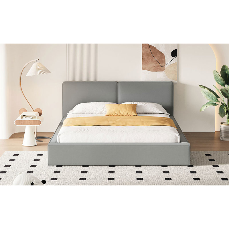 Grand lit plateforme moderne en velours gris - Conception stable et élégante avec structure de revêtement robuste, Gris