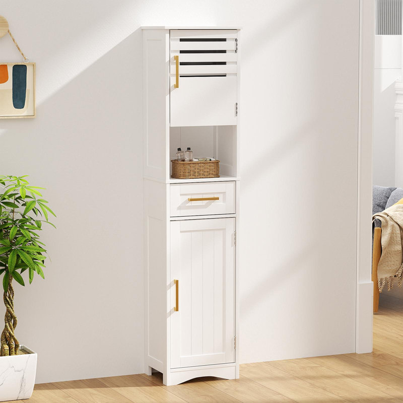 Tall Bathroom Floor Storage Cabinet,Narrow Slim Freestanding Cabinet With 1 Drawer And 2 Doors Storage Cabinet With 5 Adjustable Height Shelf, 15 X 12 X 67Inches, White