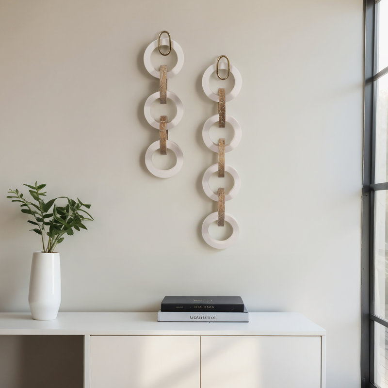 Decorative Wall Hanging Objects for Home Decor – White & Gold Wall Sculpture Chains with Linked Circle Design – Modern Statues for Kitchen Decor or Decorations for Living Room Shelf Styling Set of 2 – 35", White & Gold