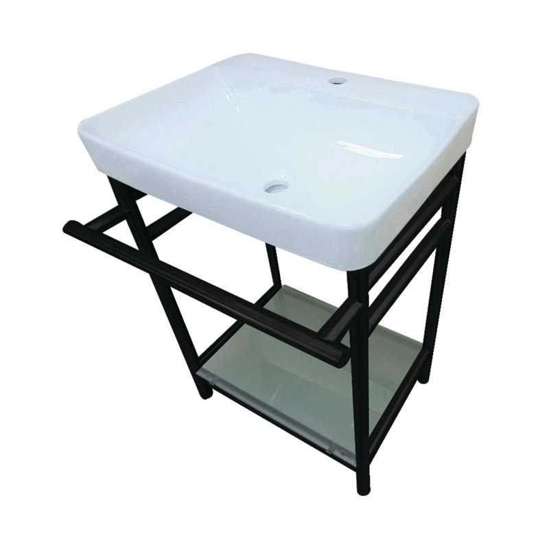 Kingston Brass Sheridan 23-Inch Ceramic Console Sink with Stainless Steel Legs and Glass Shelf (1-Hole), White/Matte Black