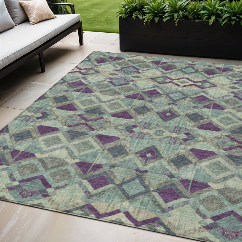 Tapis extérieur lavable géométrique bleu et mauve 5 pi x 8 pi