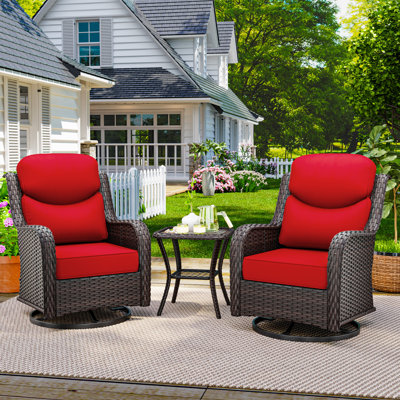 2-Person PE Wicker Outdoor Patio Set, 2 Swivel Chairs & 1 Side Table with Cushions