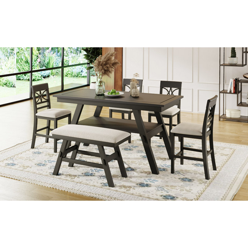 Ensemble de salle à manger polyvalent 6 pièces avec tablette de rangement, idéal pour les familles nombreuses et un agencement flexible, avec banc et chaises multifonctionnels