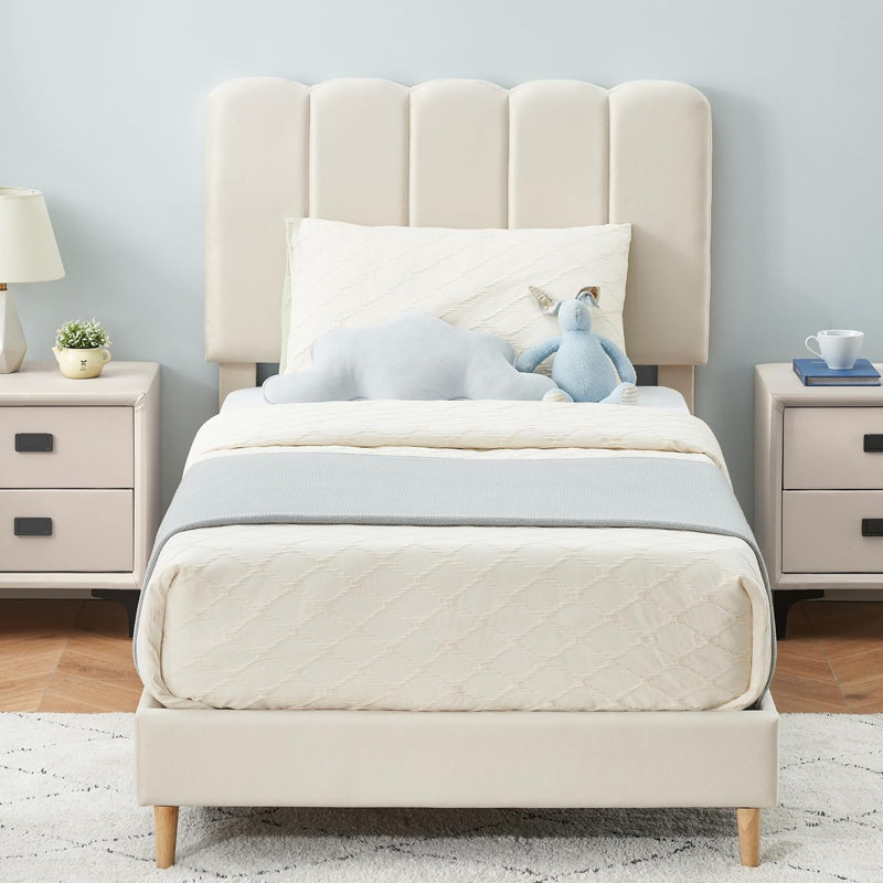 Twin Upholstered Bed Frames with Storage Drawer, Wavy Headboard, Wooden Slat Platform – No Box Spring Needed, White, White