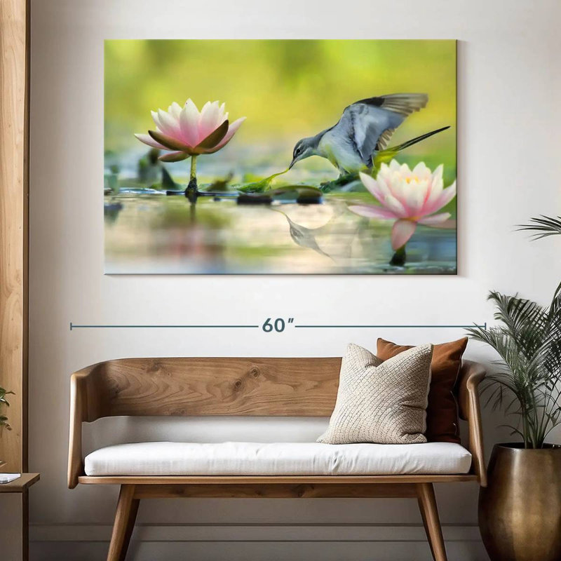 Bruyère lotus et oiseau gris, H 34 po x l 51 po