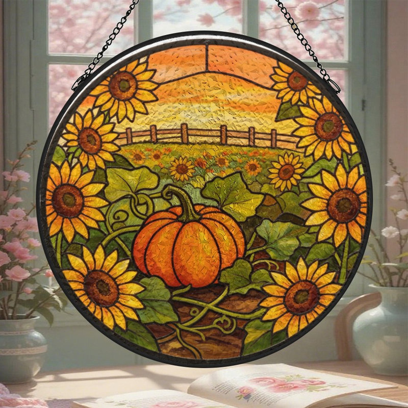 Tournesols et citrouille dans un champ d'automne, 11,8 x 11,8 po (30 x 30 cm)