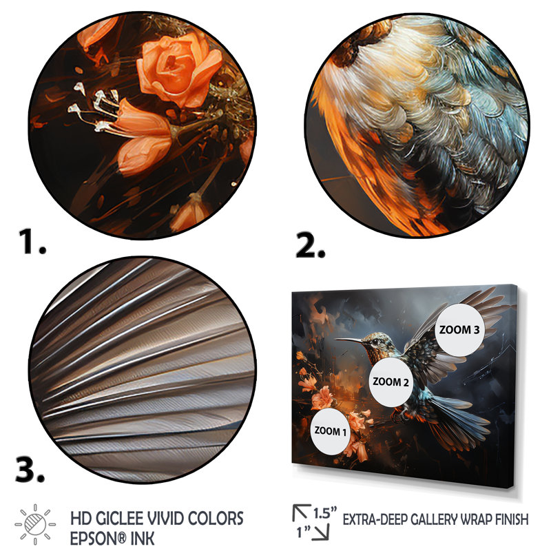 Art floral de minuit Melody 4 - Colibri, Cadre flottant noir, 24" H x 32" W x 1" D