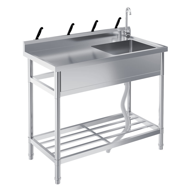 Stainless Steel Free Standing Utility Basin – Single Bowl, Hot & Cold Water Pipes, Workbench – Perfect for Kitchen, Laundry, Outdoor, Commercial – 39x20x37in