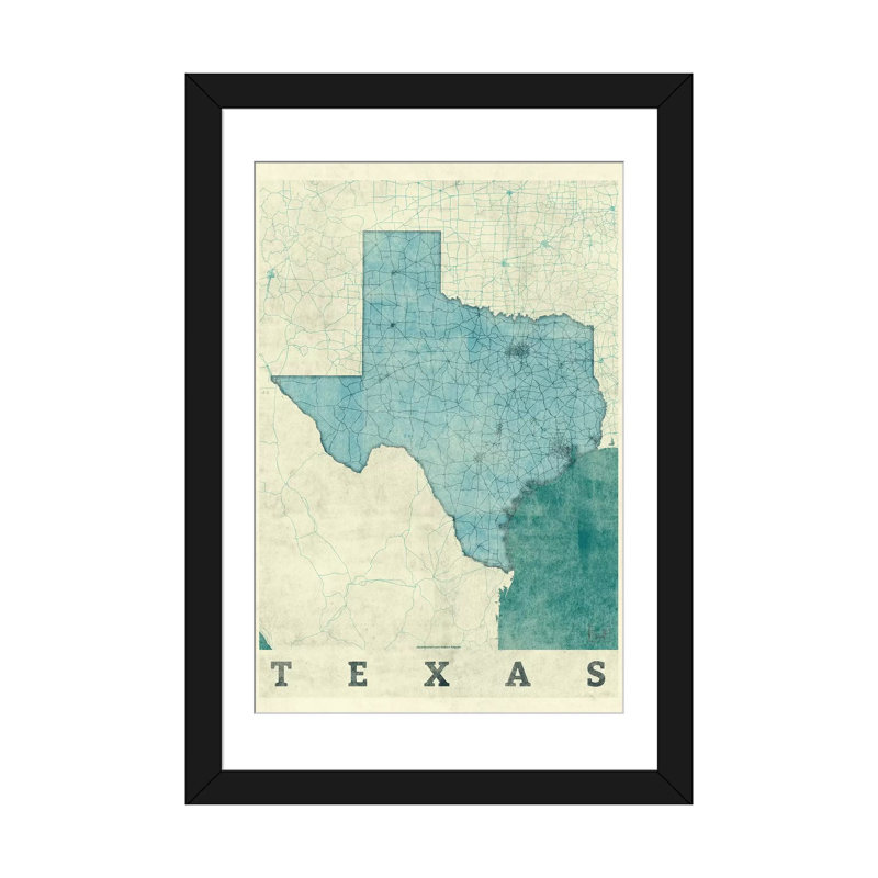 «Texas Map», impression sur toile, Papier d'art encadré noir, H 32 po x l 24 po x P 1 po, Blanc