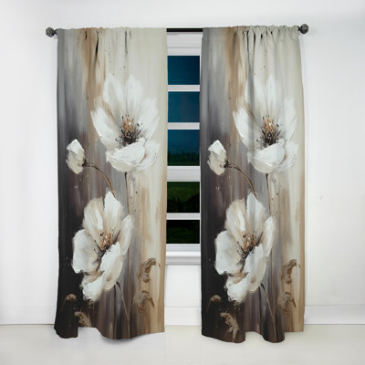 Pescara - White Brown Hibiscus Blossoms II - Hibiscus Curtain - Velvet Room Darkening - 1 panel