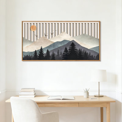 Grand art mural de montagne minimaliste bohème, forêt naturelle encadrée, œuvre d'art abstrait, paysage bohémien creux, décoration pour chambre à coucher, salon, bureau, salle à manger, cadeau idéal pour la maison, 16 po x 32 po