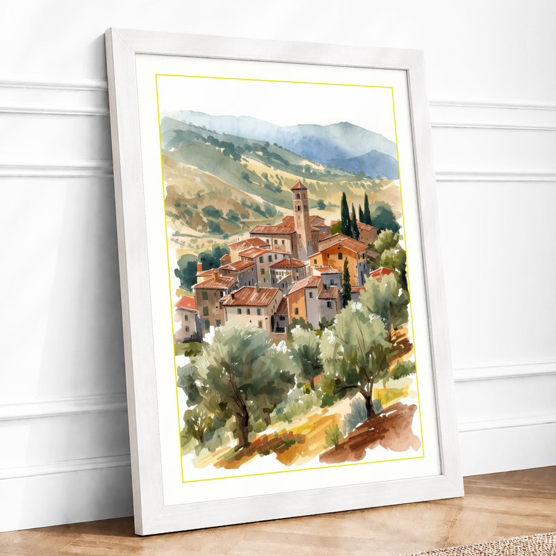 Tuscan Hillside Village Rustic - Framed Print, A3 - 42.0 x 29.7 cm, White