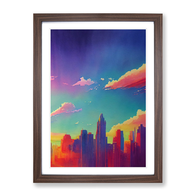 City Skyline Watercolour No.3 - Wall Art, 48cm H x 36cm W, Walnut Framed, White