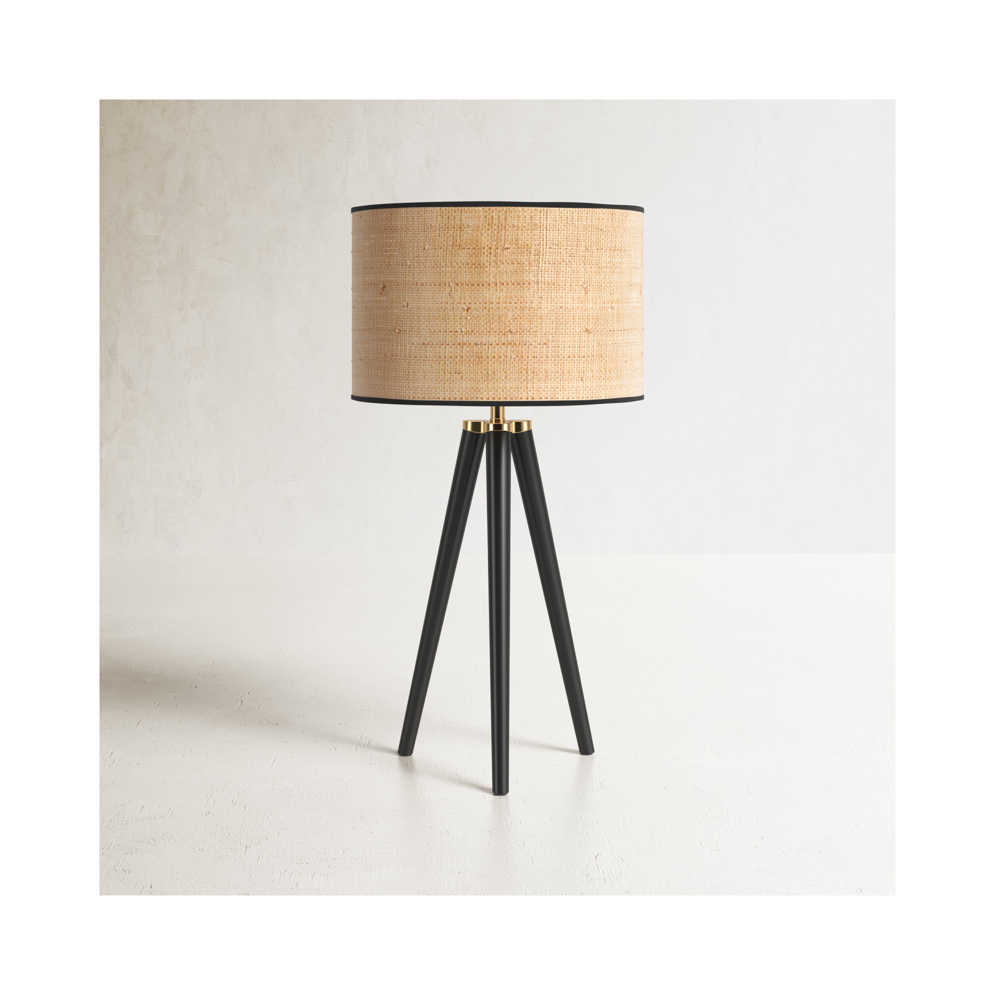 Kisa Wood Tripod Lamp, Woven Natural Rattan Shade w. Black Trim, Black Wood w. Antique Brass Accents