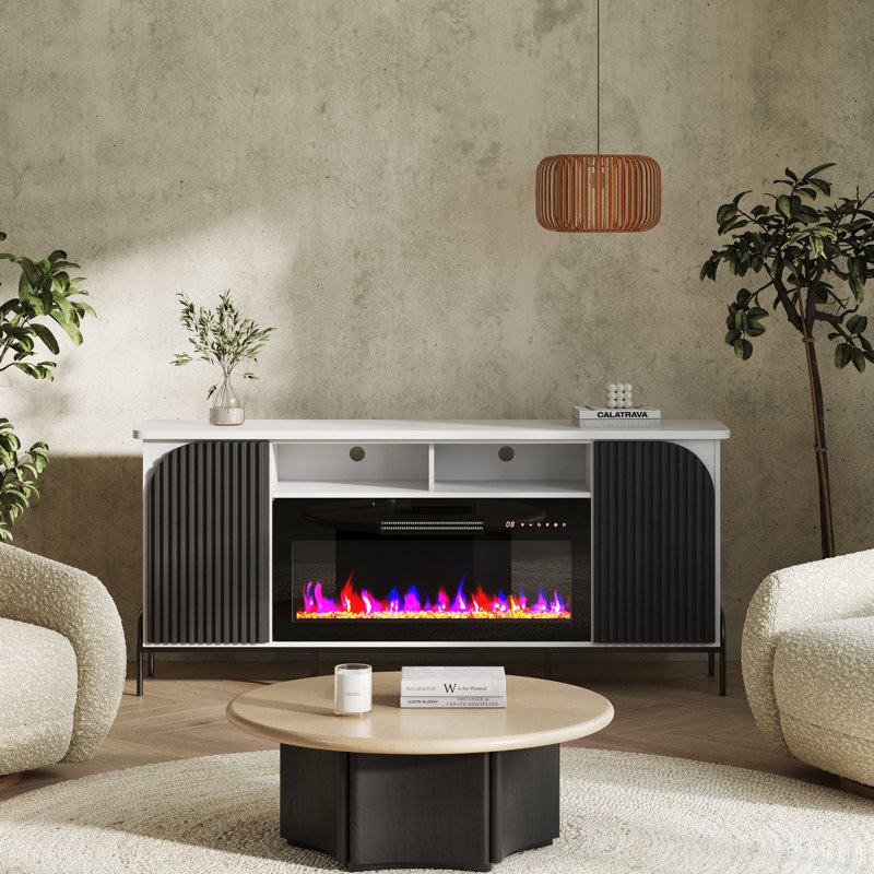  Elegant 68 Inch TV Stand with 36" Electric Fireplace Entertainment center W/ adjustable shelves, White