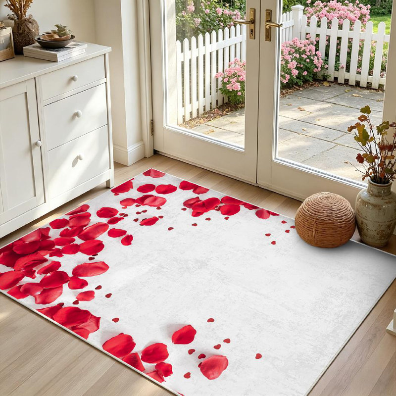Red Valentine Day Flowers Round Rose Confetti White Valentines Flat Machine Washable Indoor Area Rug, Rectangle 39" x 63"
