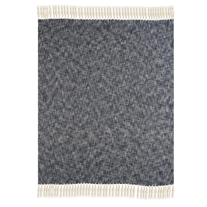 Navy Blue and Off-White Cotton Chambray Throw Blanket with Fringe